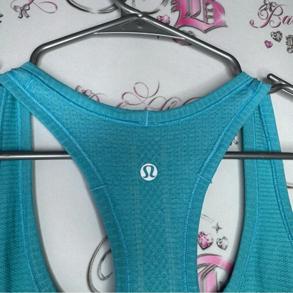 Lululemon shirt stretchy yoga rare racer back logo silver Turquoise Tank Top